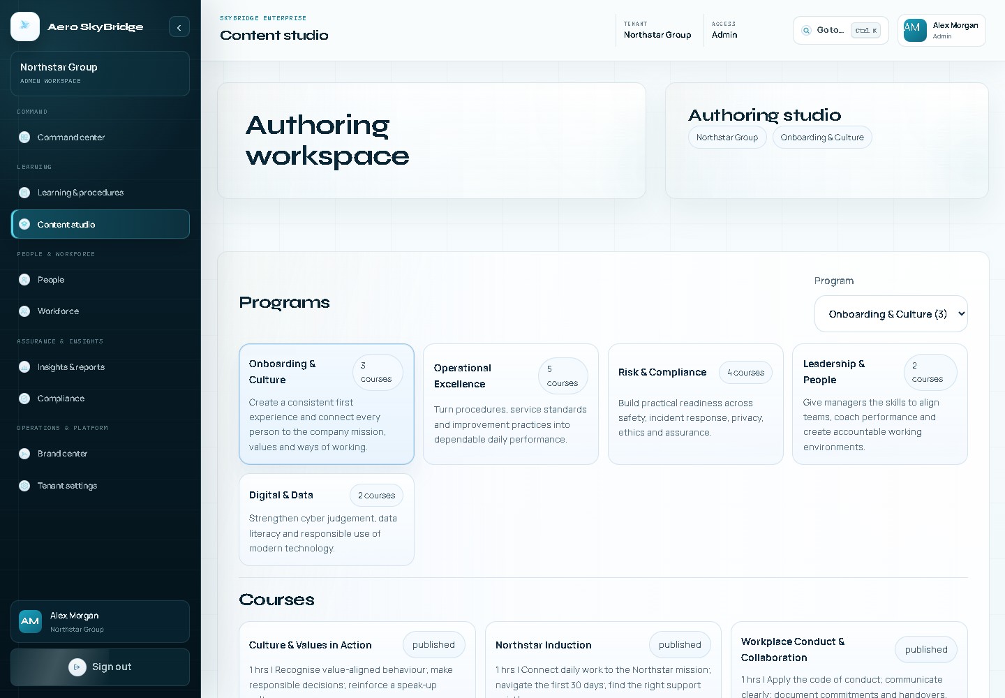 SkyBridge authoring studio for building and publishing company courses.