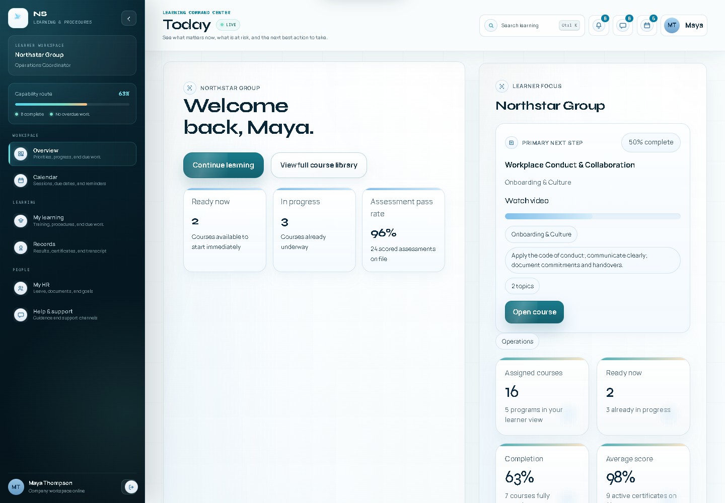 SkyBridge learner dashboard showing assigned learning and progress.
