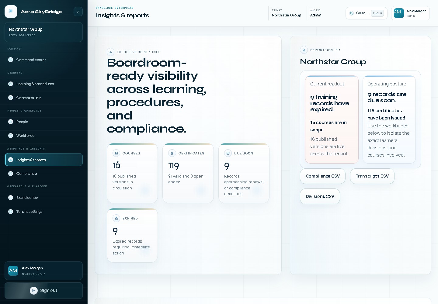 SkyBridge reporting workspace with organizational learning evidence.